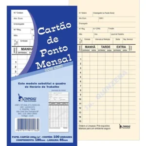 Cartão de Ponto Mensal Tamoio – 86mm x 180mm – Cor Palha – Pacote com 100 Unidades