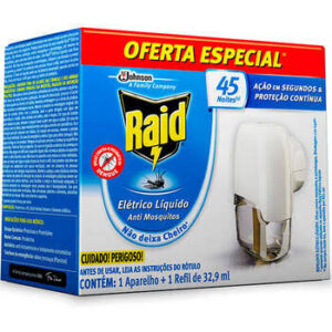Inseticida Elétrico Líquido Raid Aparelho Bivolt + Refil 32,9ml – Repelente Até 45 Noites Contra Dengue e Pernilongos – Unidade