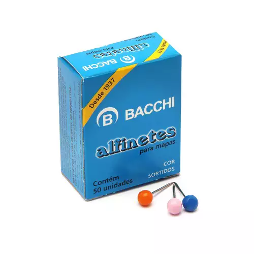Alfinete para Mapa Nº 1 Colorido Bacchi – Caixa com 50 Unidades - Imagem 1