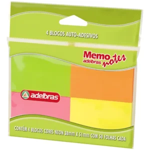 Bloco de Recado Adesivo Neon 38x51mm c/ 50 Folhas Adelbras Memo Notes – Notas Autoadesivas Coloridas – Pacote c/ 4 Blocos