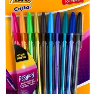 Caneta Esferográfica BIC Cristal Fashion 1.2mm Ponta Grossa Colorida – Pacote com 10 Cores Sortidas Blister – Bragança Embalagens