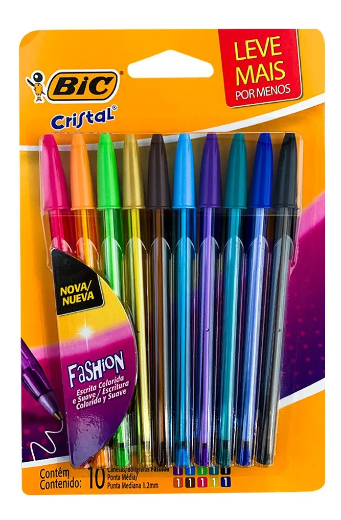 Caneta Esferográfica BIC Cristal Fashion 1.2mm Ponta Grossa Colorida – Pacote com 10 Cores Sortidas Blister – Bragança Embalagens