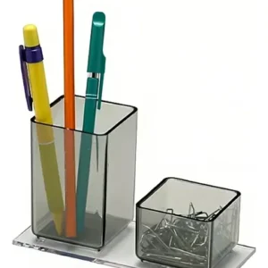 Organizador de Mesa 2 em 1 Acrimet Fumê – Porta Lápis, Caneta e Clips Acrílico para Escritório – Unidade