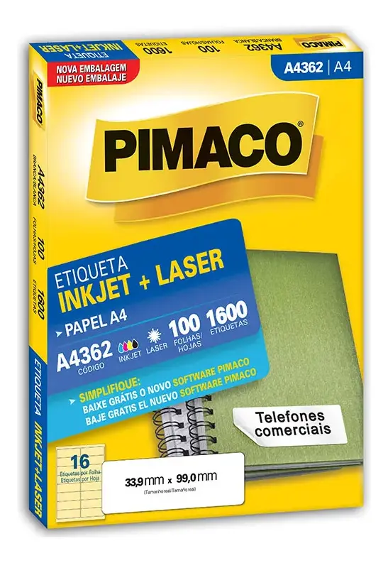 Etiqueta Adesiva Pimaco A44362 A4 33,9x99mm Caixa com 100 Folhas (1600 Etiquetas) – Etiqueta Retangular Ampla para Pastas, Envelopes e Caixas Etiqueta Adesiva Pimaco A44362 A4 33,9x99mm Caixa com 100 Folhas (1600 Etiquetas) – Etiqueta Retangular Ampla para Pastas, Envelopes e Caixas